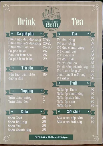 Menu Tiệm cà phê 1998